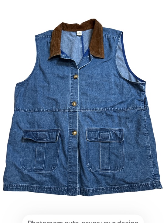 Vintage Jackets & Blazers - VTG 90s Blue Denim Utility Vest Brown Contrast Collar Women's XL Cargo Pocket